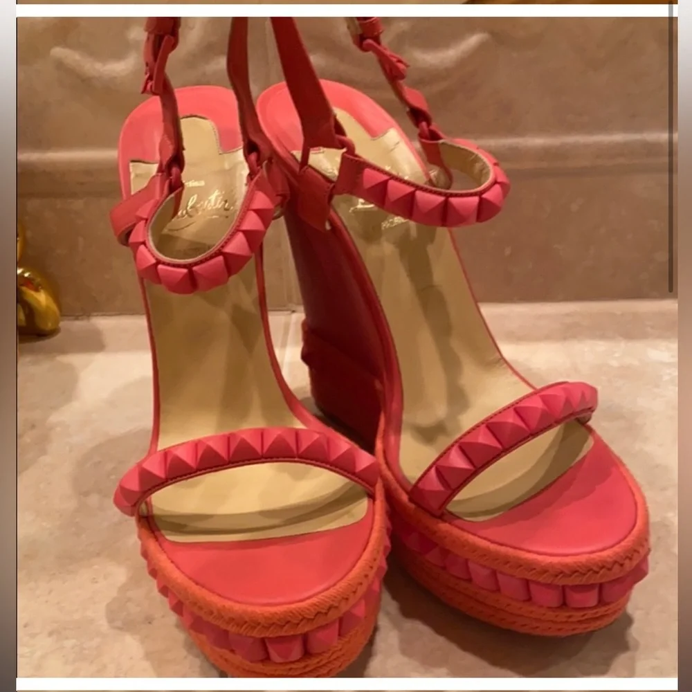 Christian Louboutin Pink and Orange Studded Espadrille Wedge Sandals
